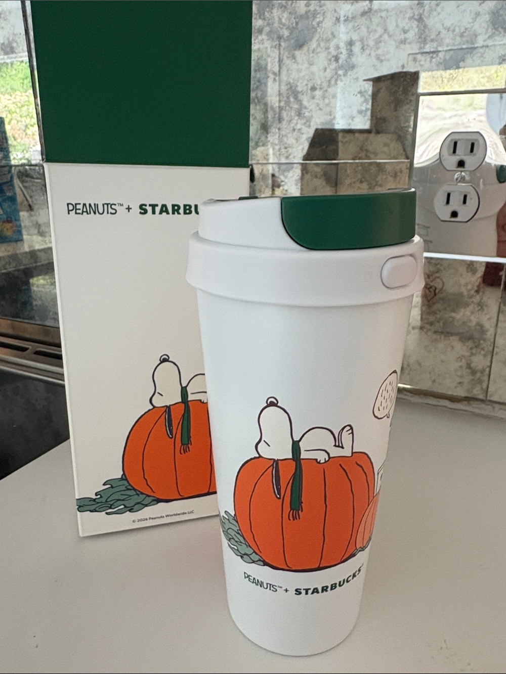 Starbucks White Travel Mug with Orange Pumpkin & Green Lid - Peanuts Snoopy
